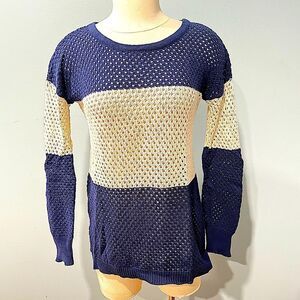 Project. Navy & Cream Colorblock Striped Open Mesh Knit Long Sleeve Pullover